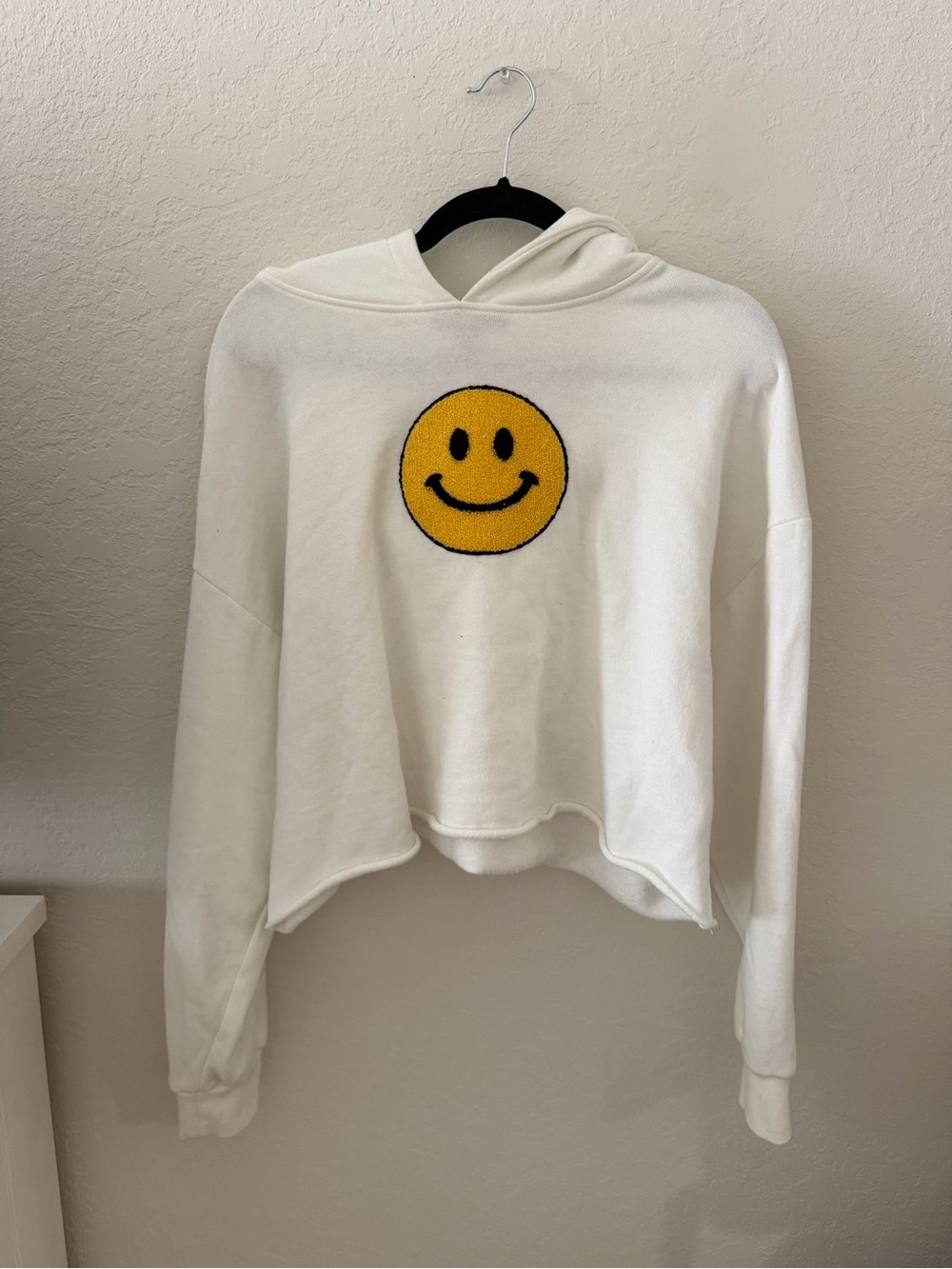 Cropped White Hoodie with Yellow Smiley
